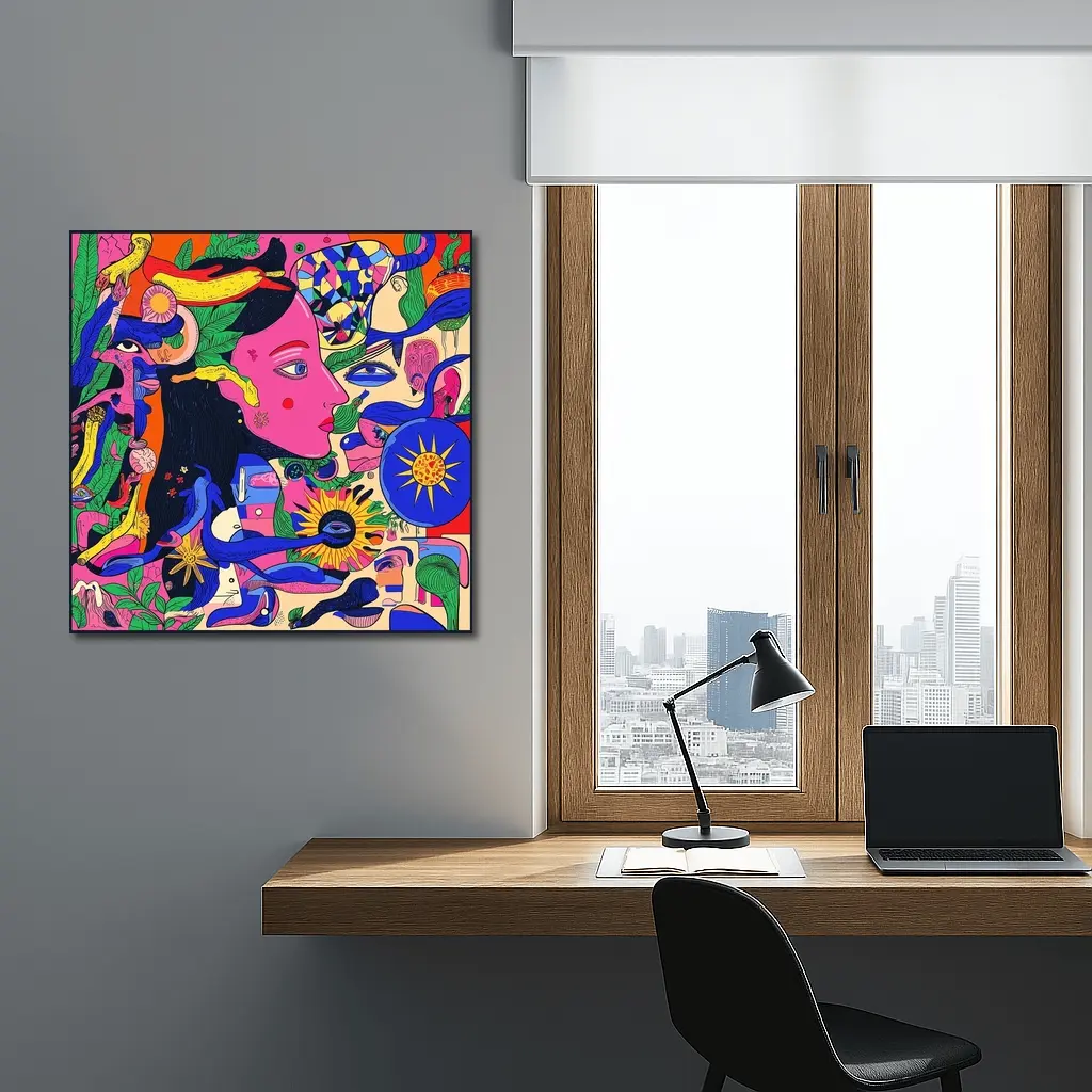 Psychedelic Woman Face Surreal Floral Illustration – Wall Art