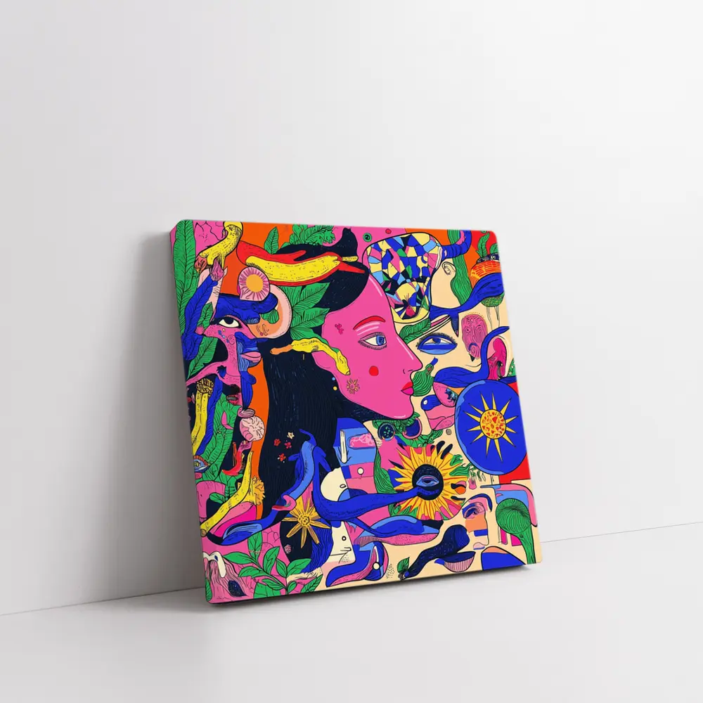 Psychedelic Woman Face Surreal Floral Illustration – Wall Art