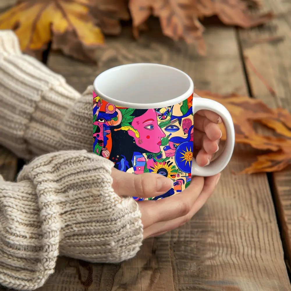 Psychedelic Woman Face Surreal Floral Illustration – Mugs