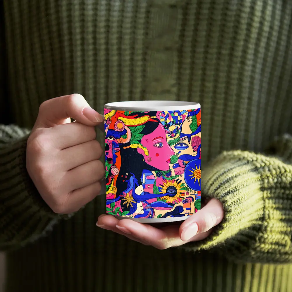 Psychedelic Woman Face Surreal Floral Illustration – Mugs