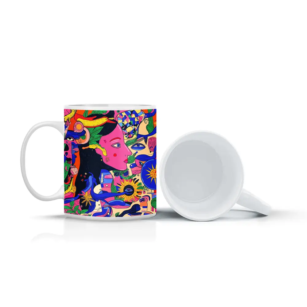 Psychedelic Woman Face Surreal Floral Illustration – Mugs