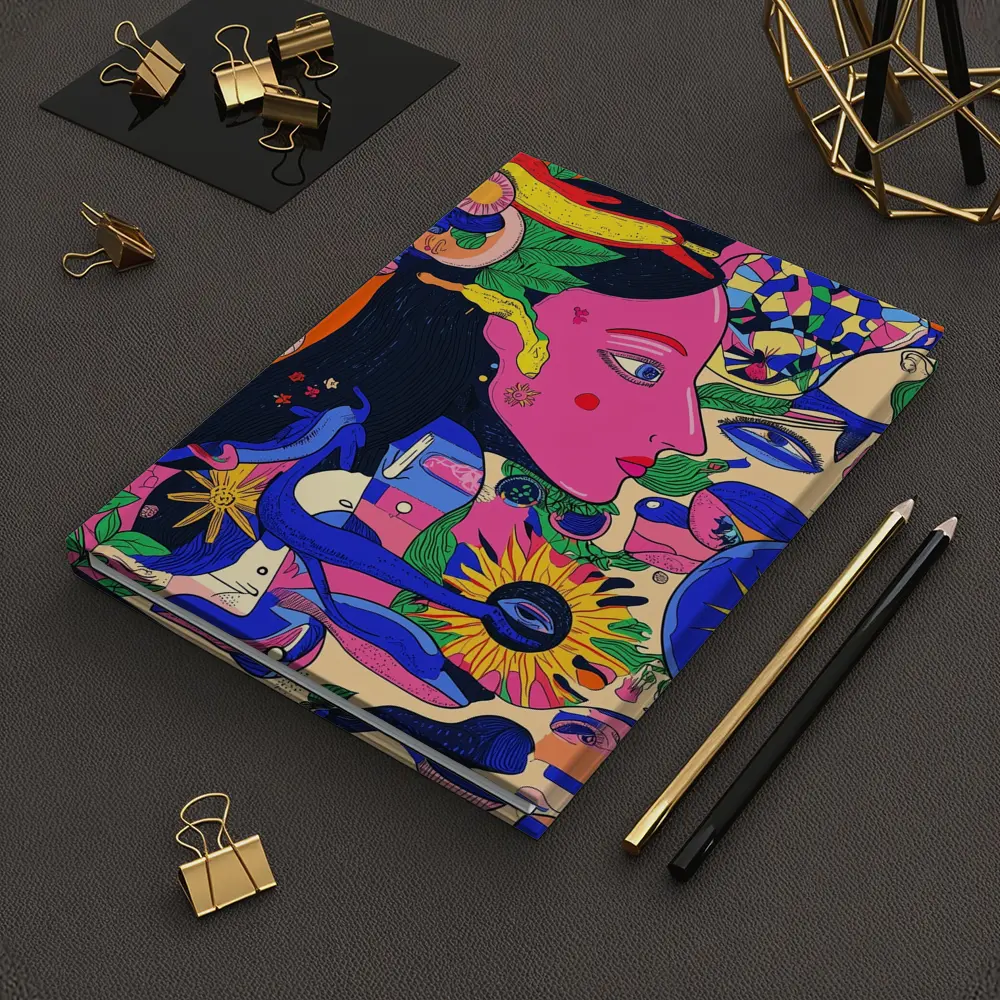 Psychedelic Woman Face Surreal Floral Illustration – Notebooks