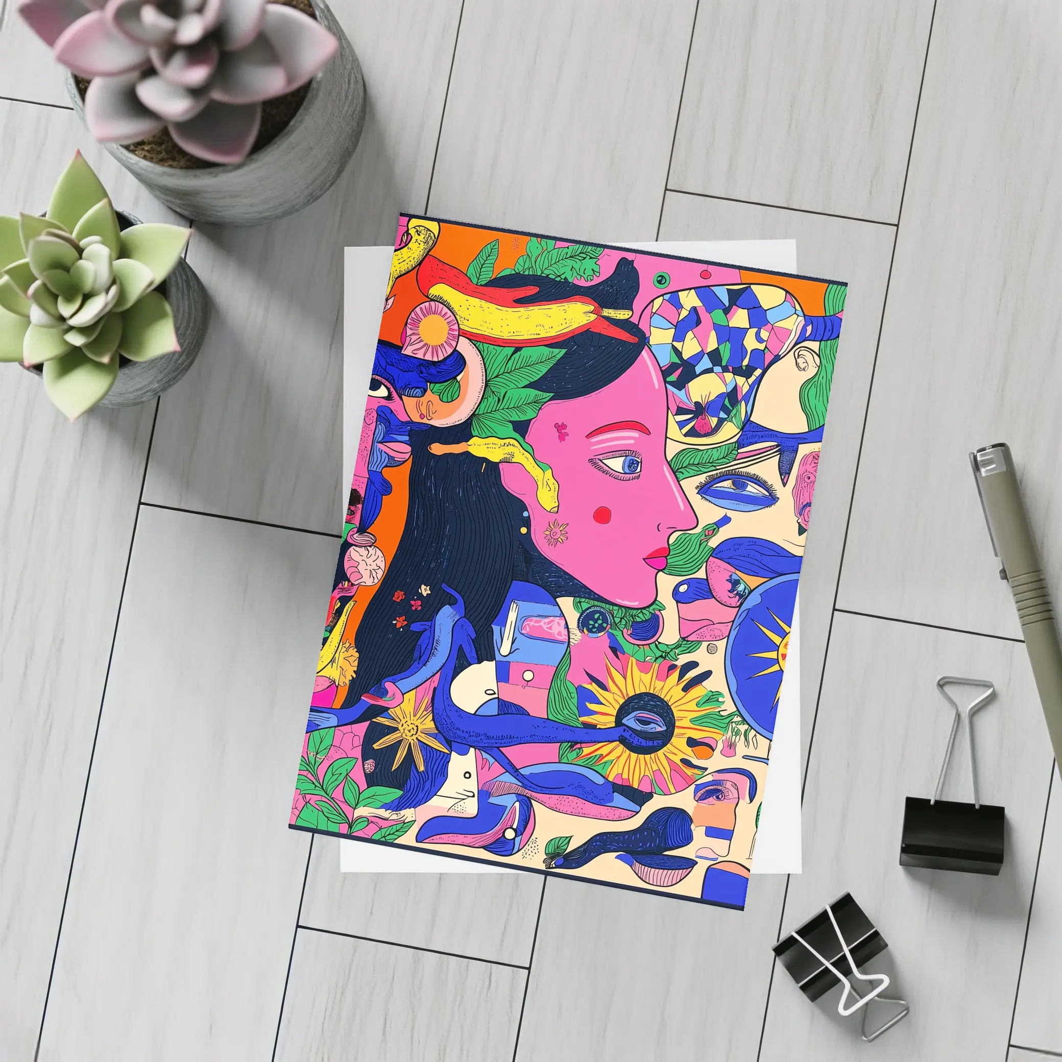 Psychedelic Woman Face Surreal Floral Illustration – Postcards