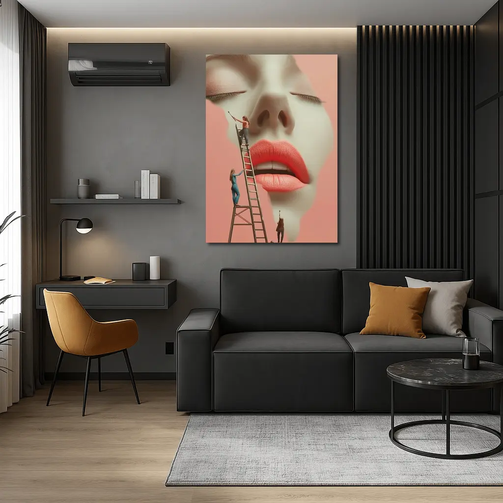 Tiny Women Painting Giant Face Pink – Wall Art