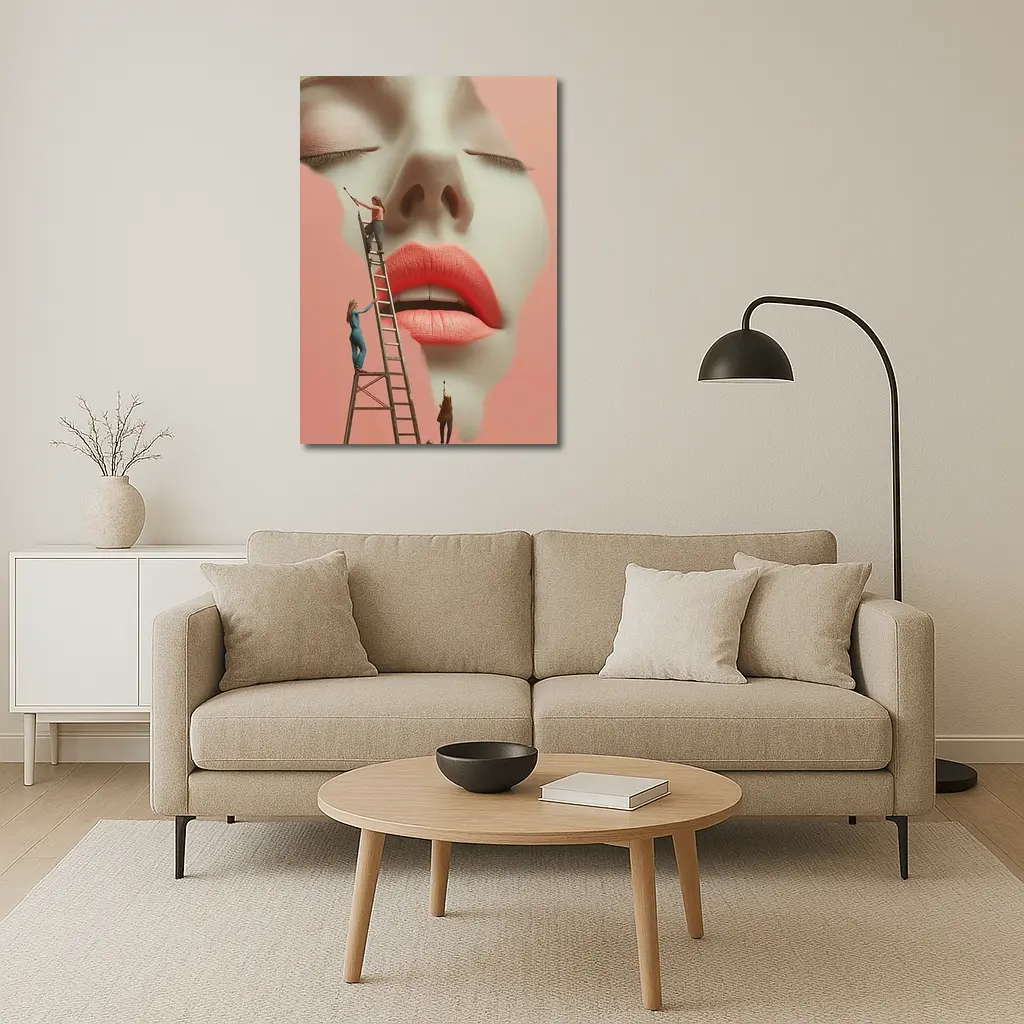 Tiny Women Painting Giant Face Pink – Wall Art