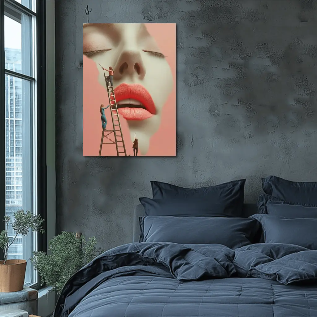 Tiny Women Painting Giant Face Pink – Wall Art