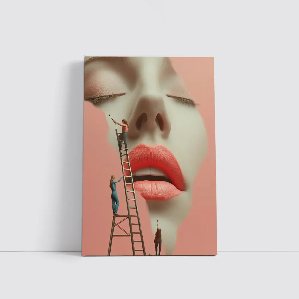 Tiny Women Painting Giant Face Pink – Wall Art