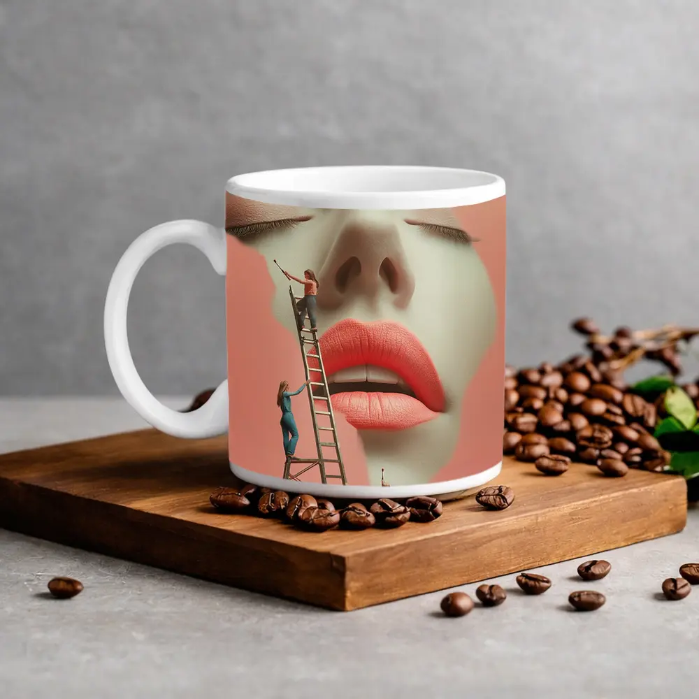 Tiny Women Painting Giant Face Pink – Mugs