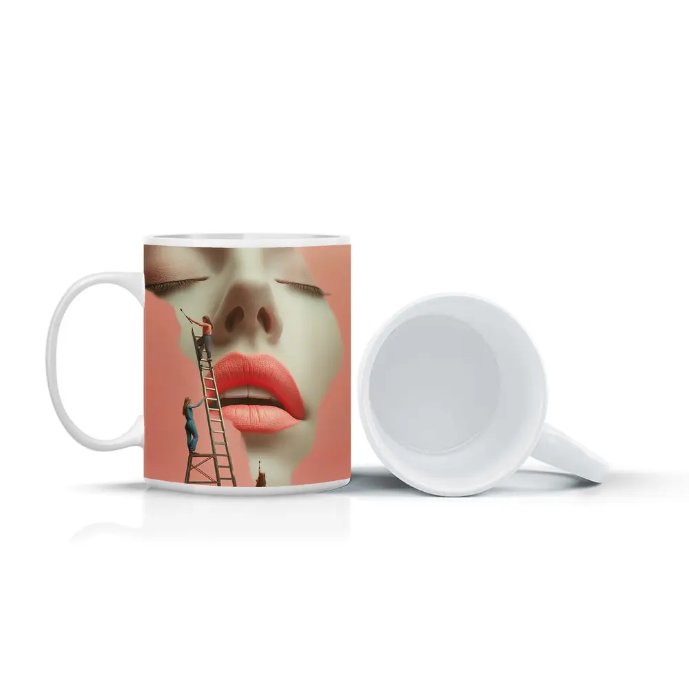 Tiny Women Painting Giant Face Pink – Mugs