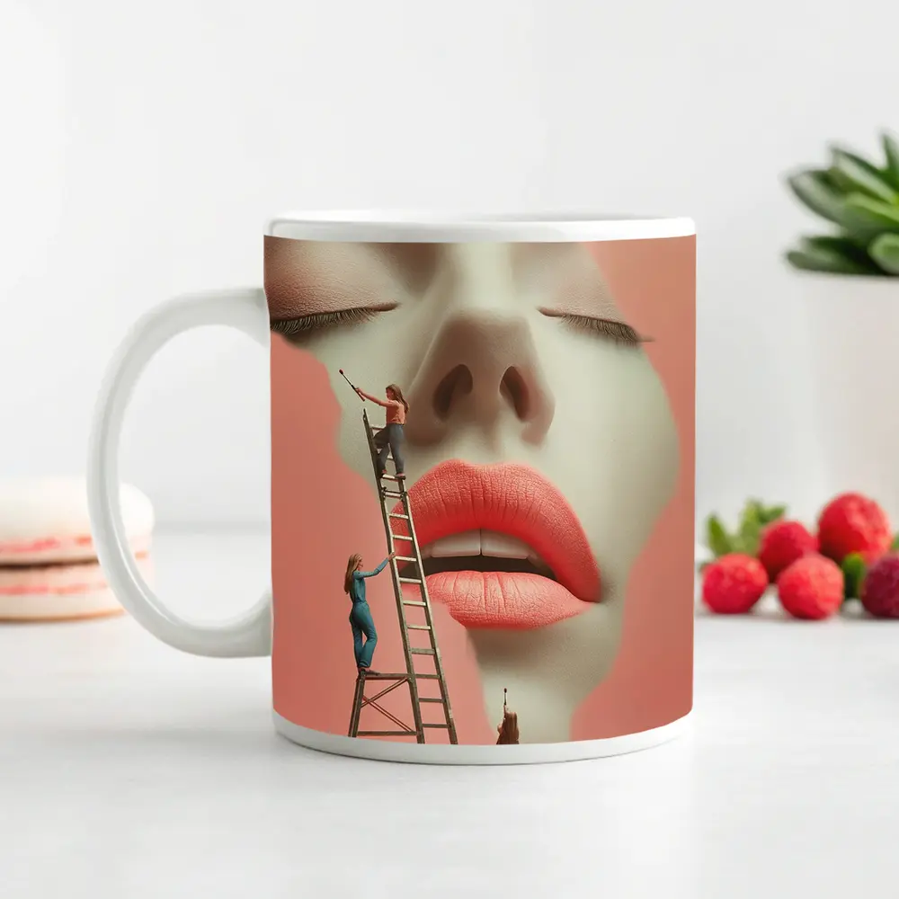 Tiny Women Painting Giant Face Pink – Mugs