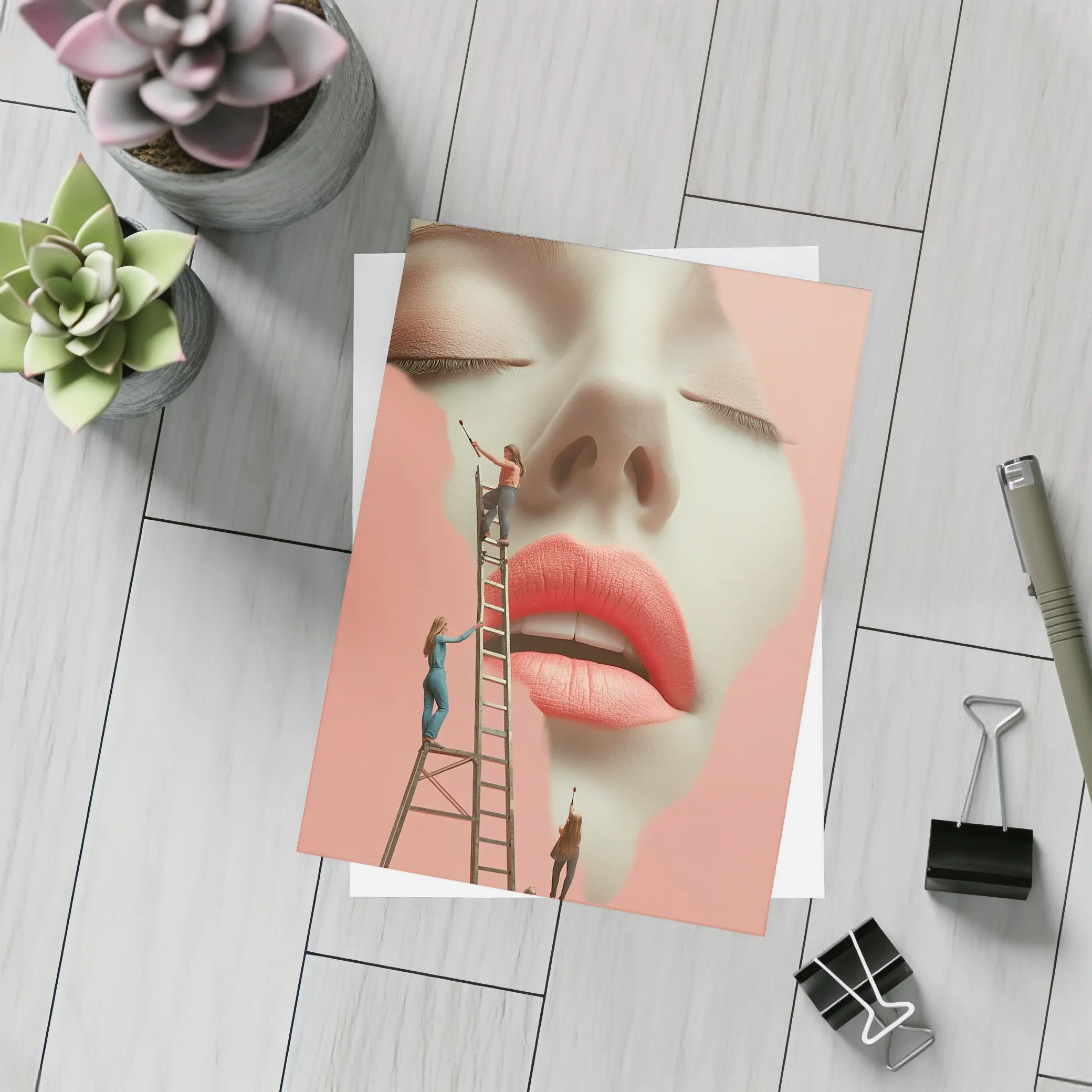 Tiny Women Painting Giant Face Pink – Postcards