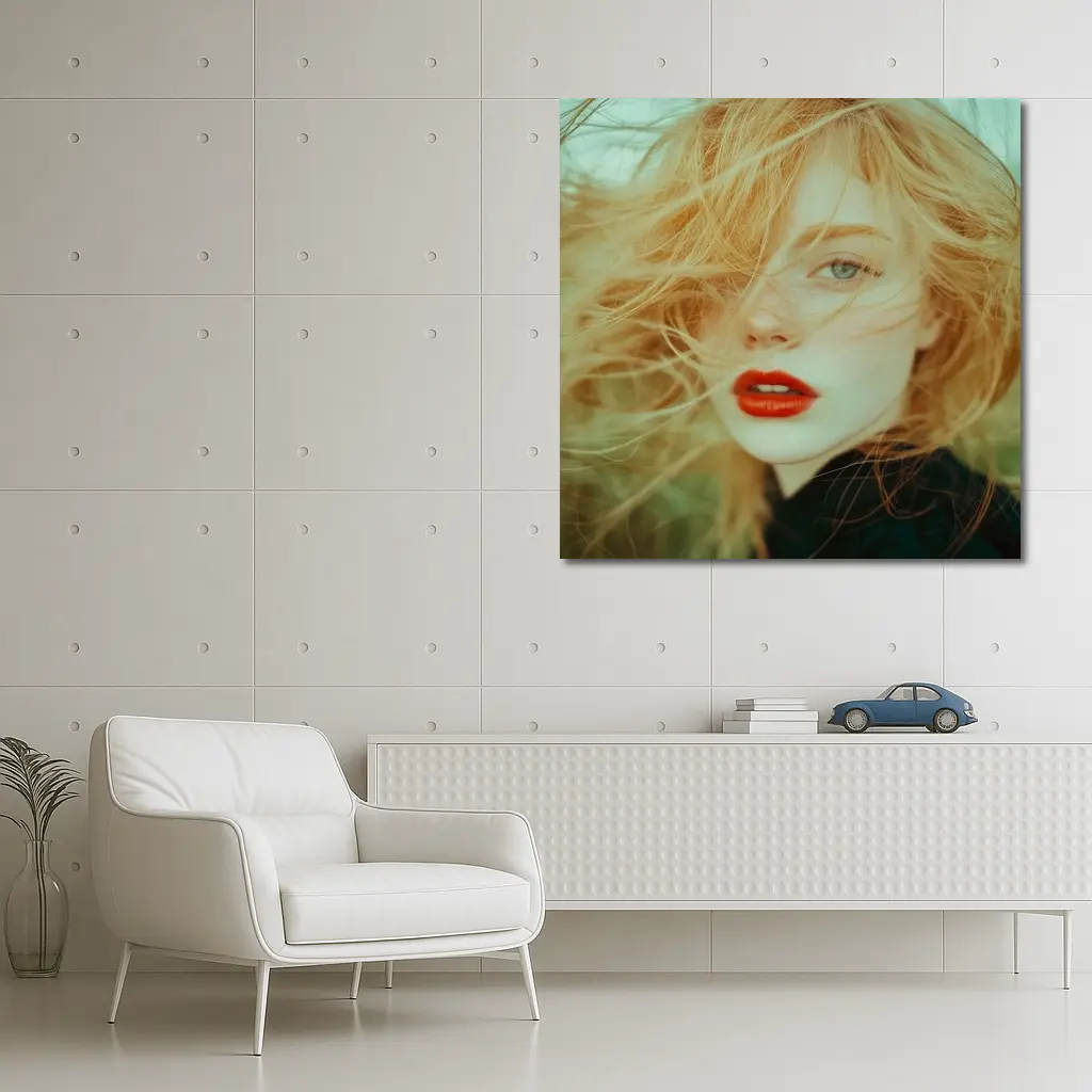 Red Lips Woman Wind Blown Hair Portrait – Wall Art