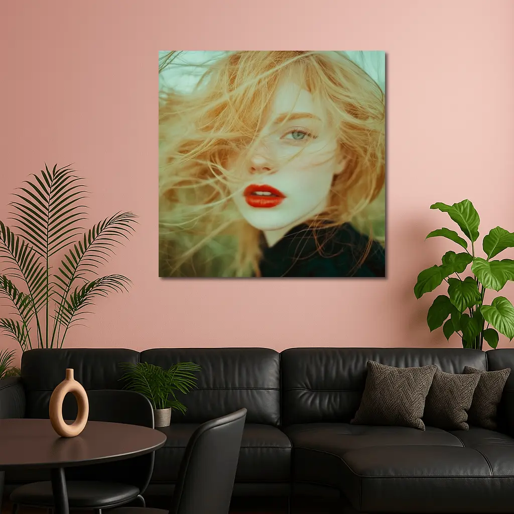 Red Lips Woman Wind Blown Hair Portrait – Wall Art