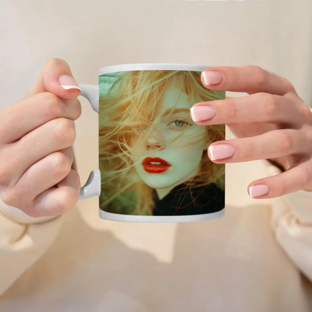 Red Lips Woman Wind Blown Hair Portrait – Mugs