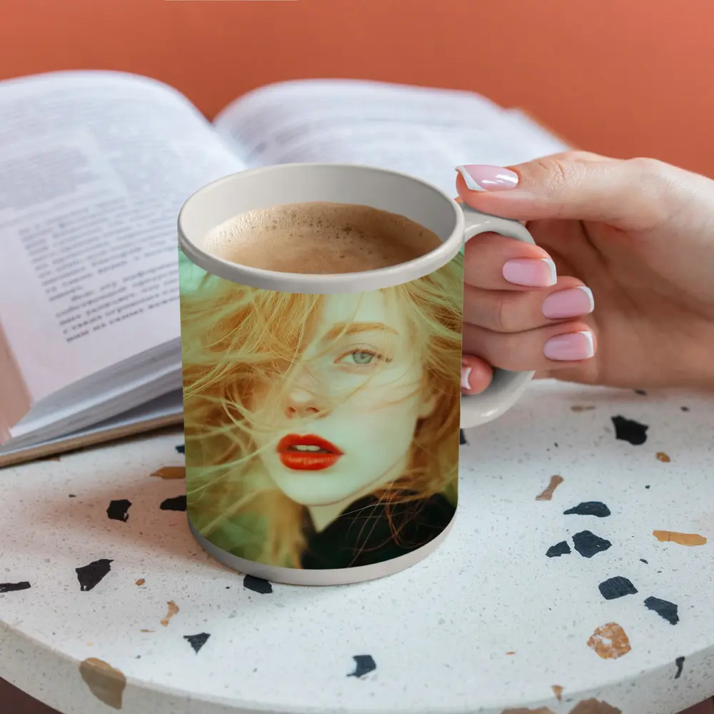 Red Lips Woman Wind Blown Hair Portrait – Mugs