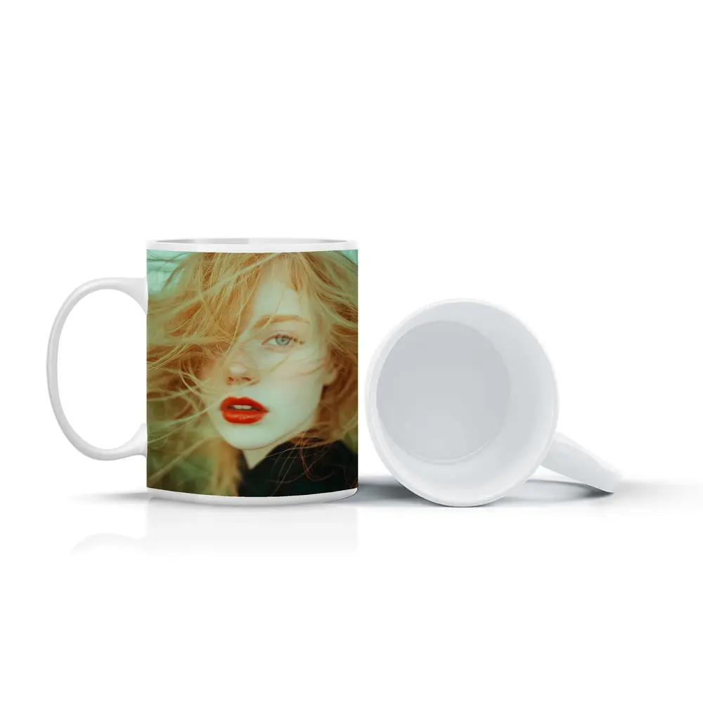 Red Lips Woman Wind Blown Hair Portrait – Mugs