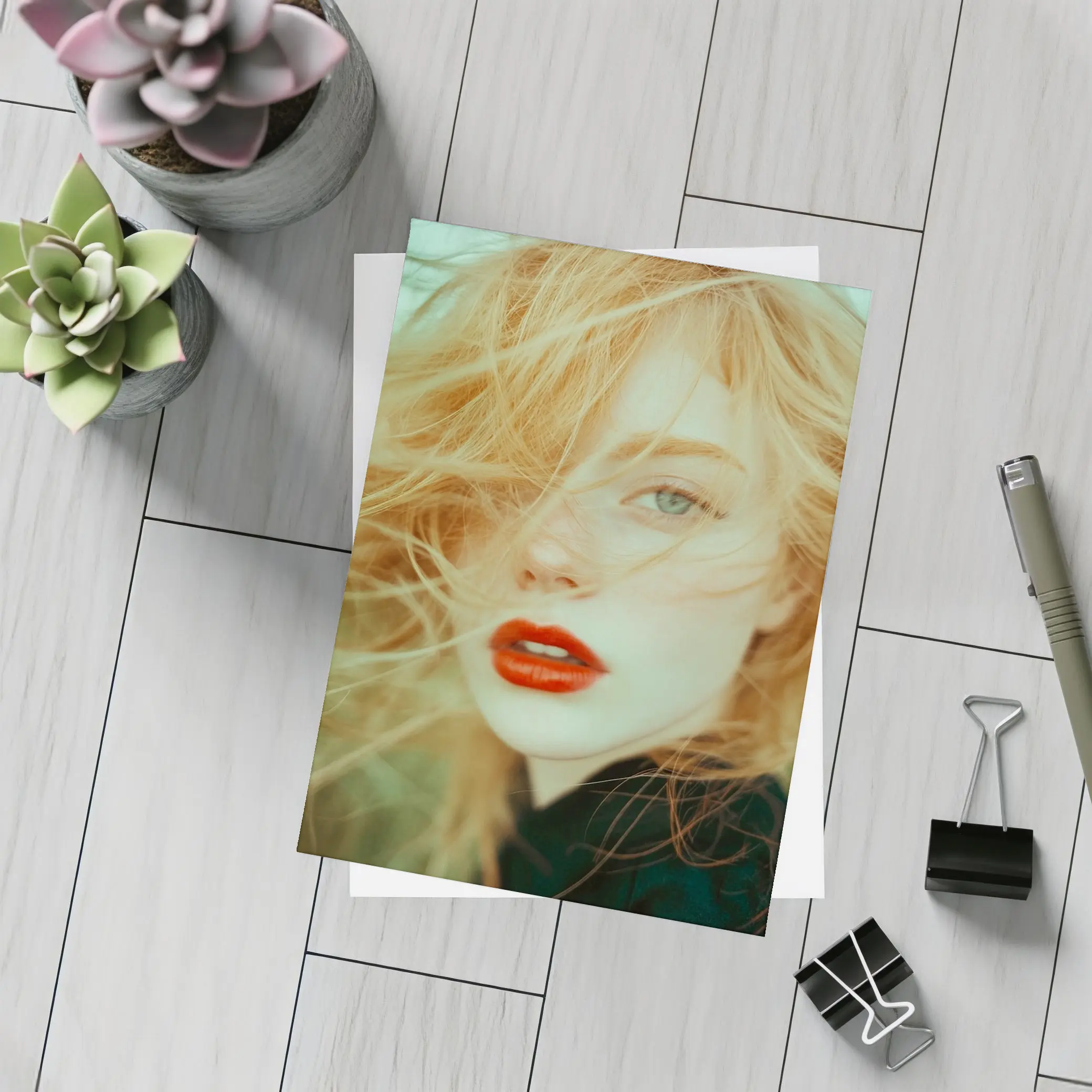 Red Lips Woman Wind Blown Hair Portrait – Postcards