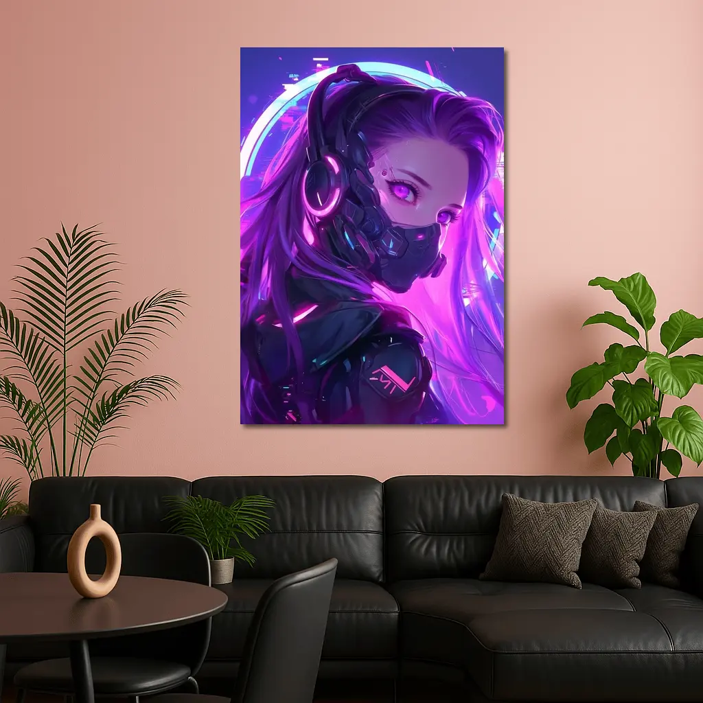 Cyberpunk Anime Girl Neon Purple Glow – Wall Art