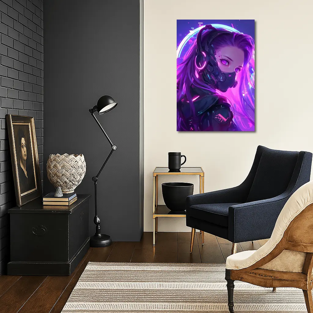 Cyberpunk Anime Girl Neon Purple Glow – Wall Art