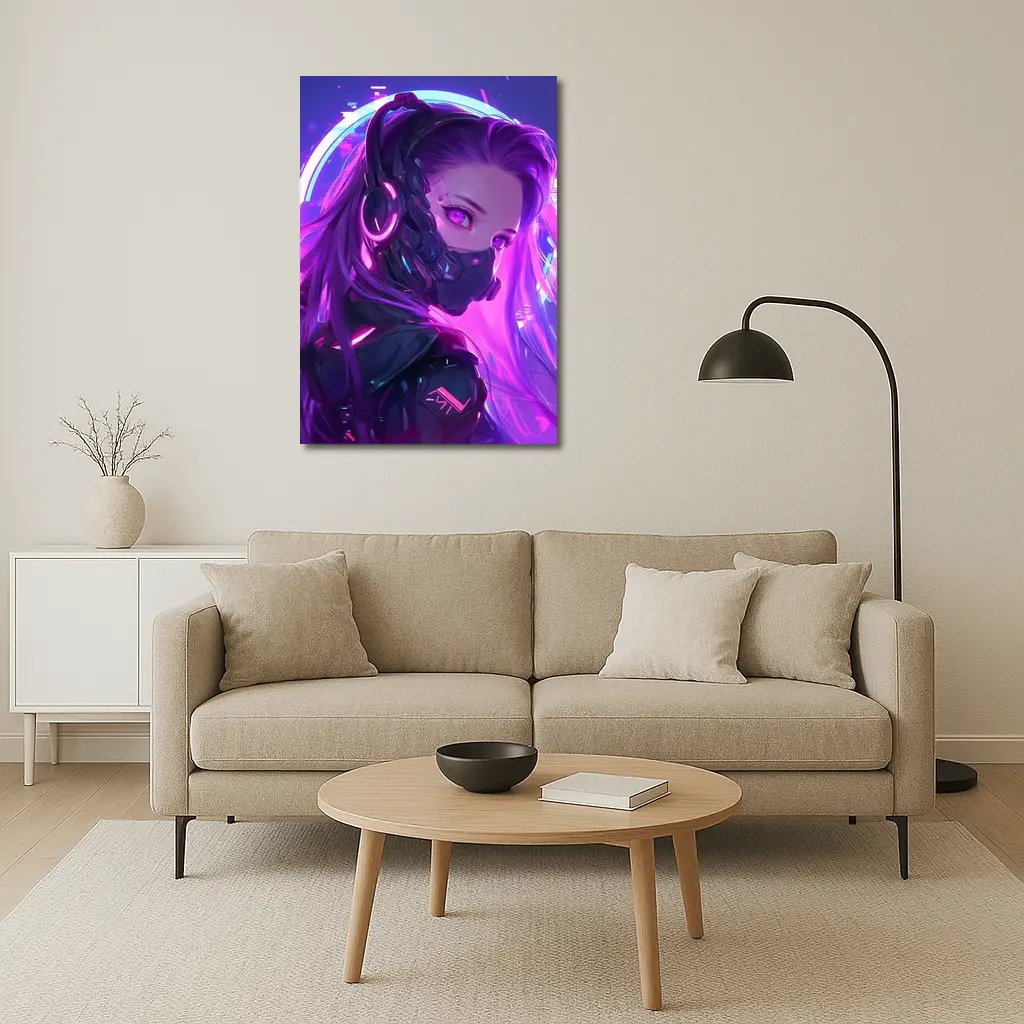 Cyberpunk Anime Girl Neon Purple Glow – Wall Art