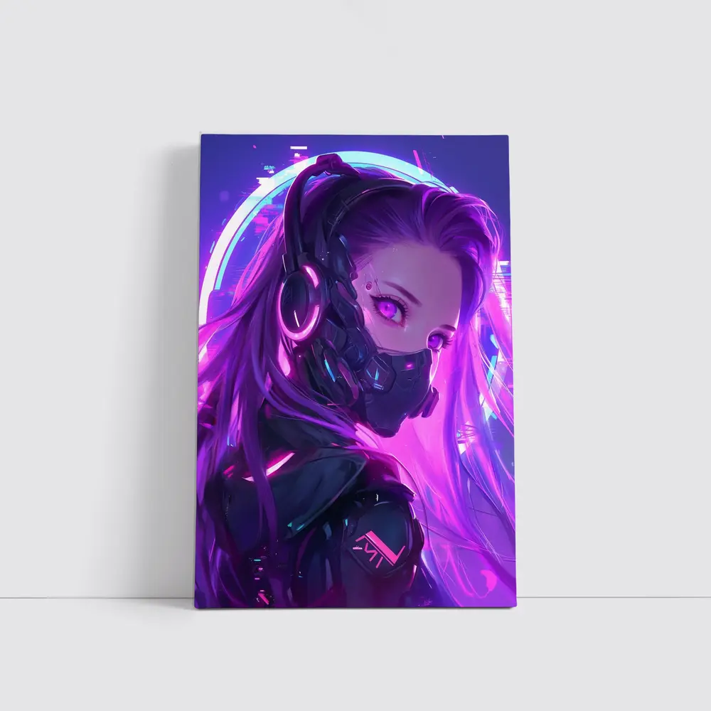 Cyberpunk Anime Girl Neon Purple Glow – Wall Art