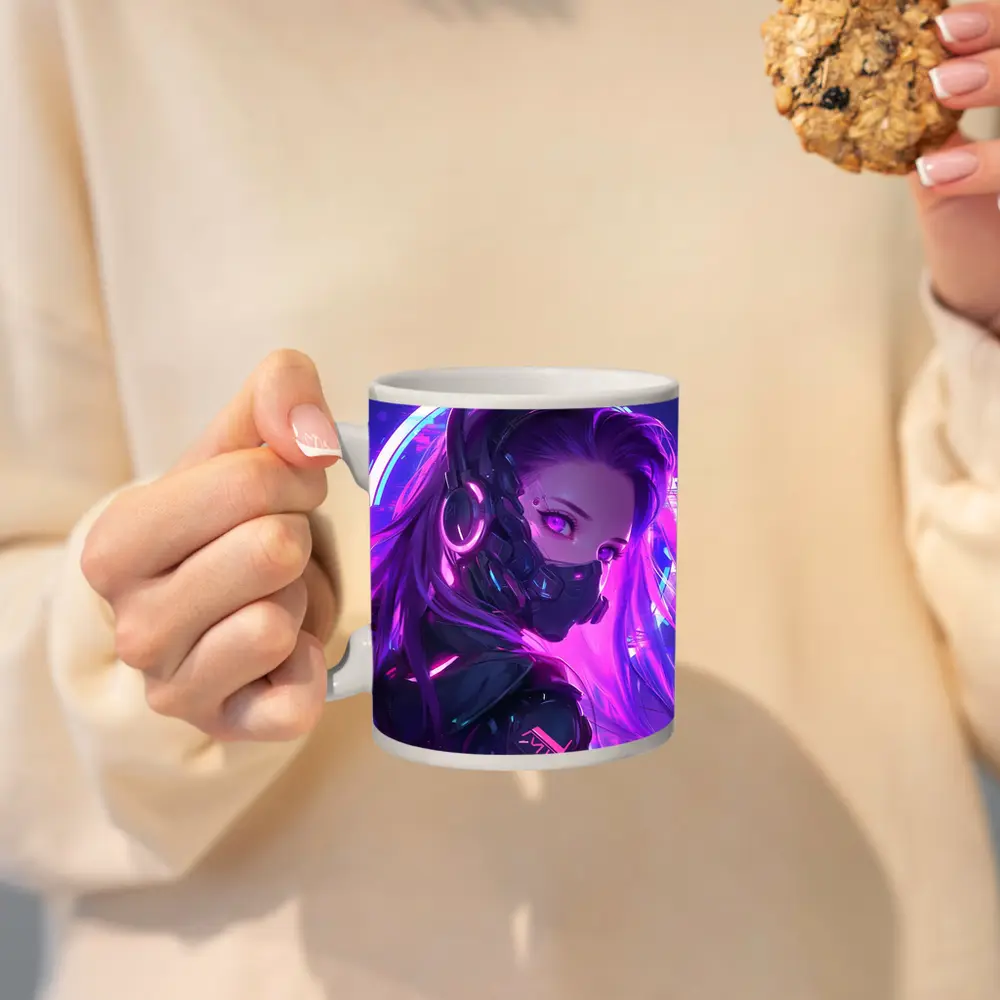 Cyberpunk Anime Girl Neon Purple Glow – Mugs