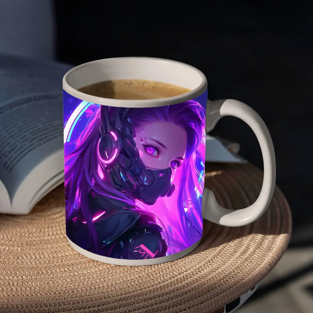Cyberpunk Anime Girl Neon Purple Glow – Mugs