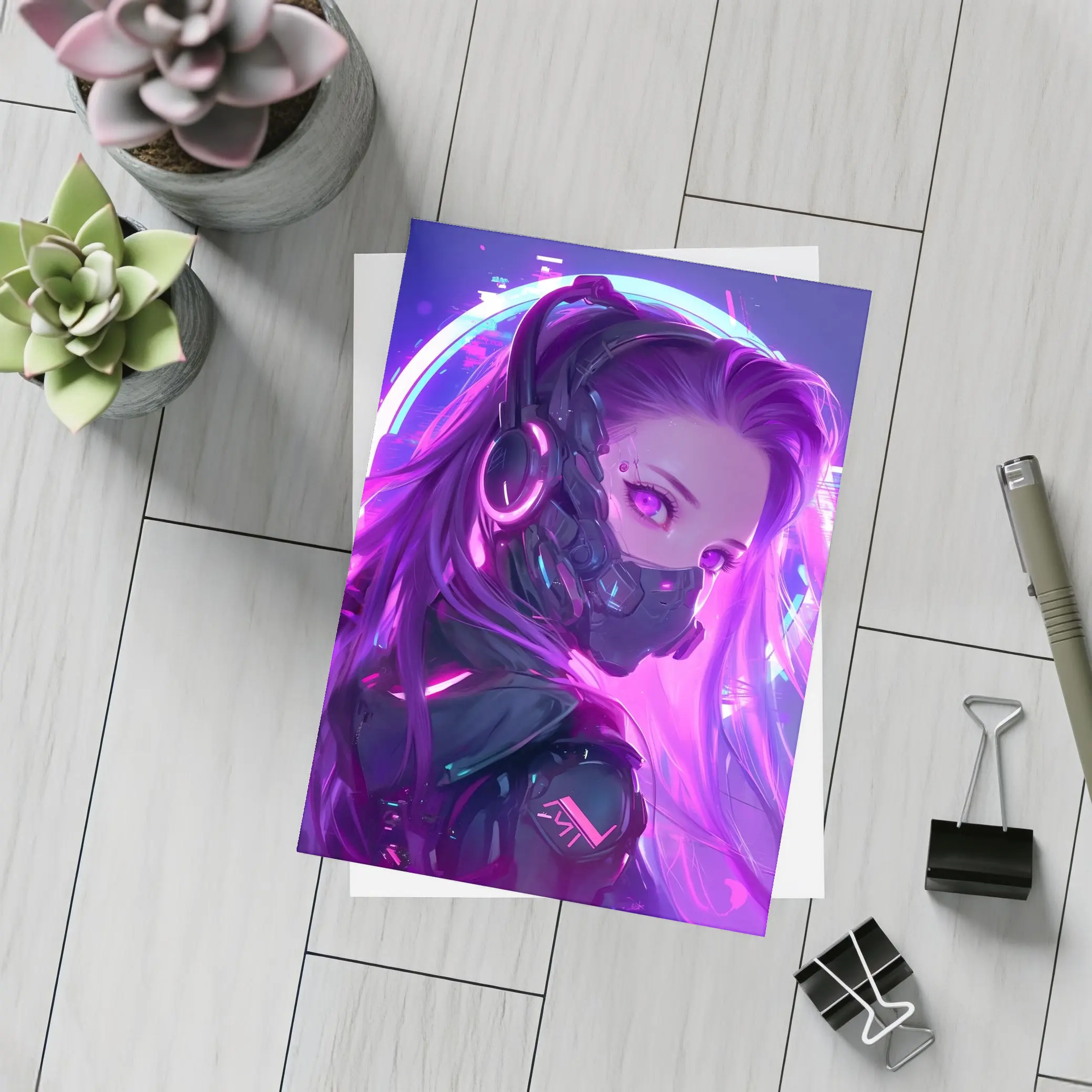 Cyberpunk Anime Girl Neon Purple Glow – Postcards
