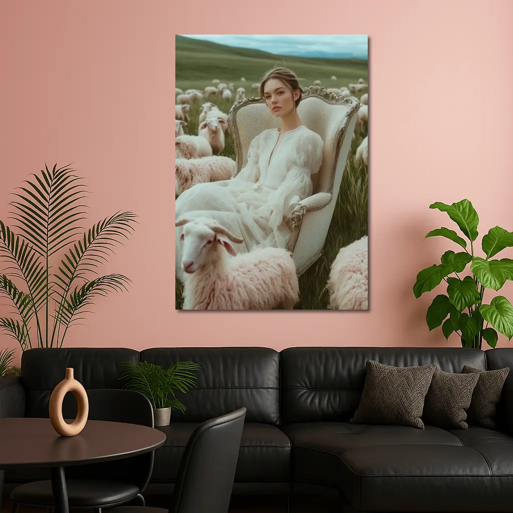 Woman in White Dress Among Sheep Field – Wall Art