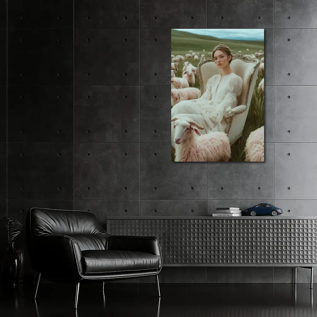 Woman in White Dress Among Sheep Field – Wall Art