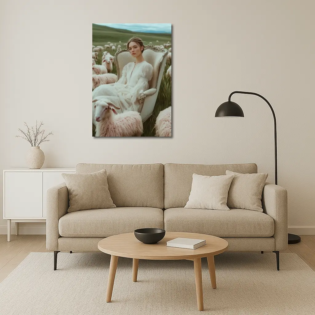 Woman in White Dress Among Sheep Field – Wall Art