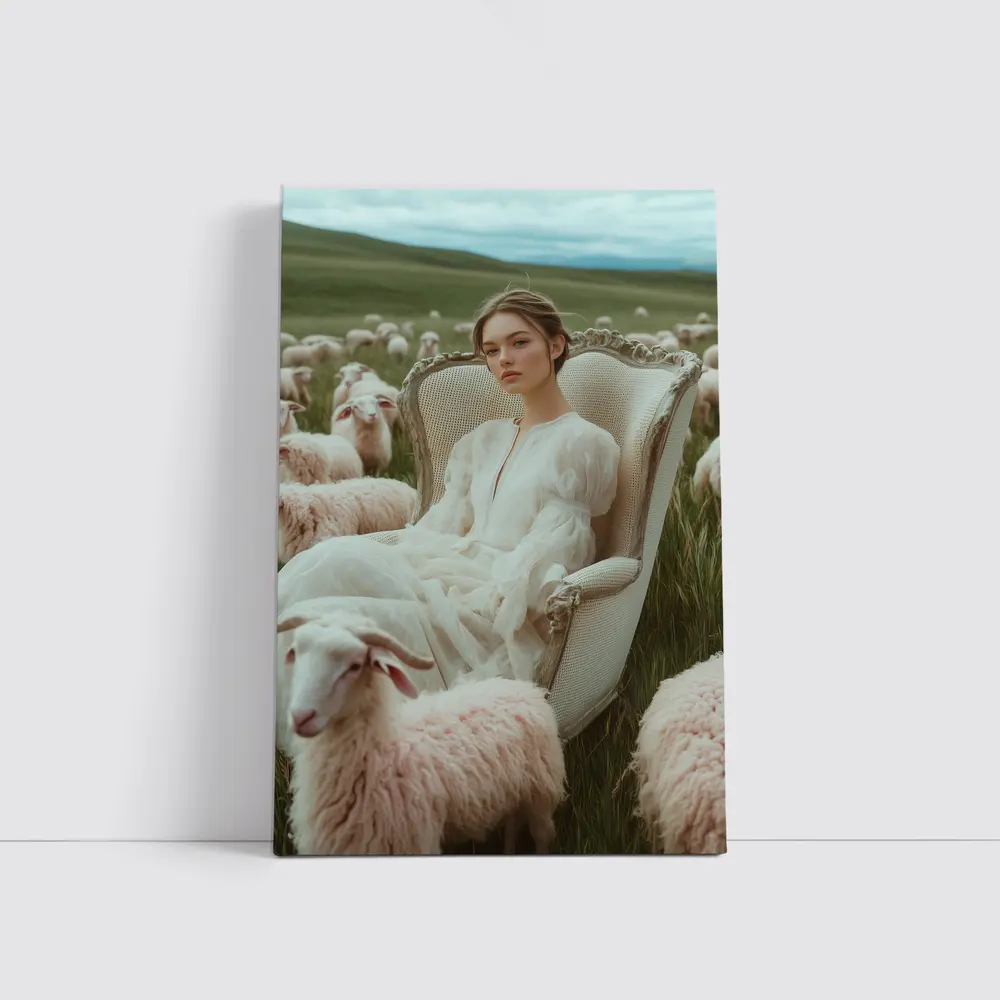 Woman in White Dress Among Sheep Field – Wall Art
