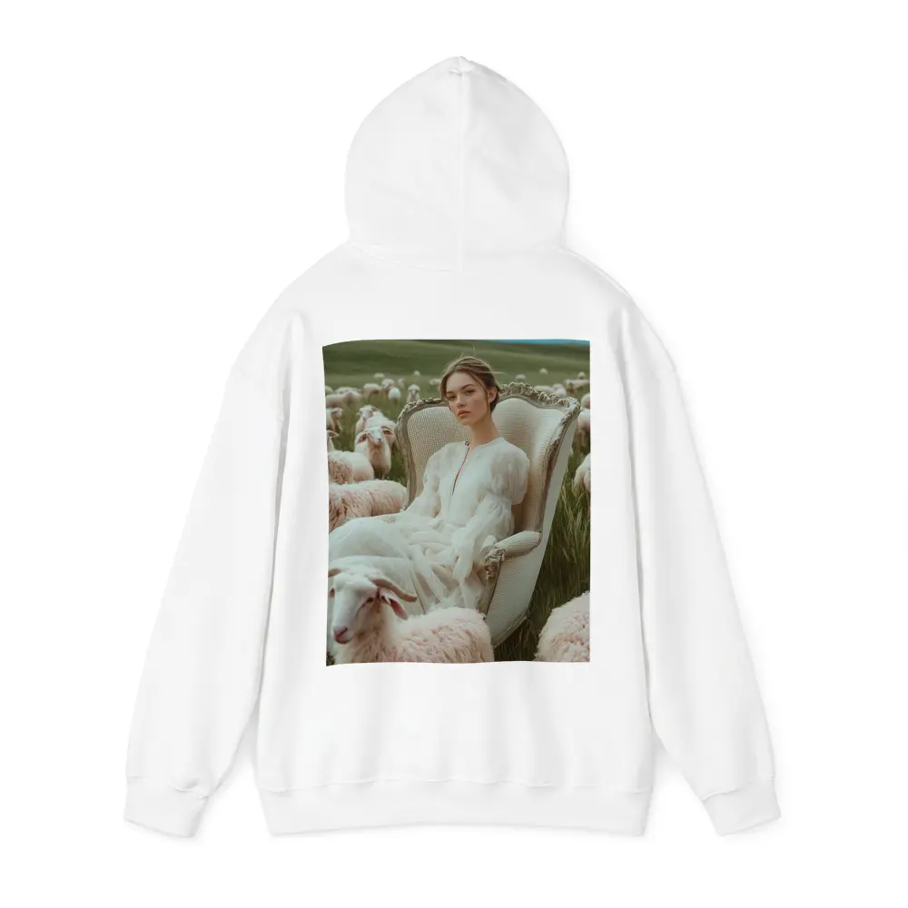 Woman in White Dress Among Sheep Field – Hoodies