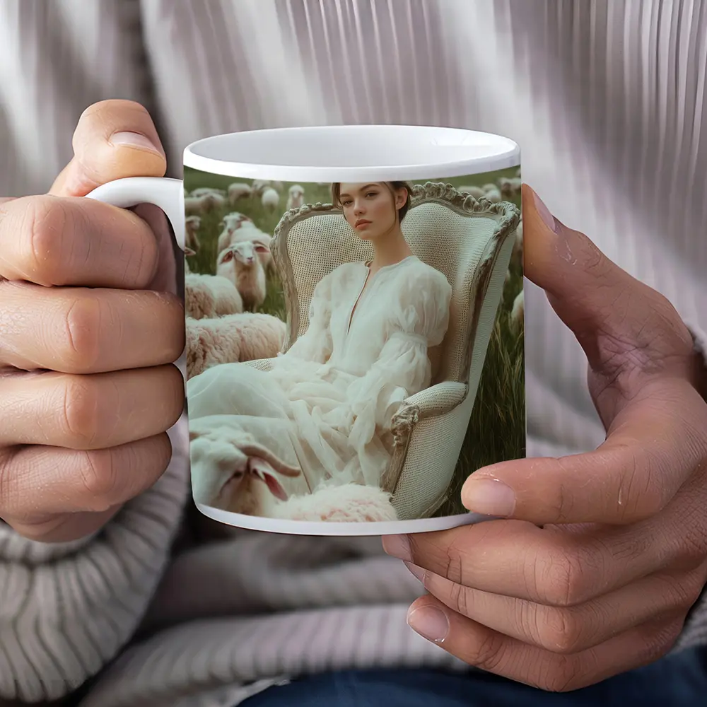 Woman in White Dress Among Sheep Field – Mugs