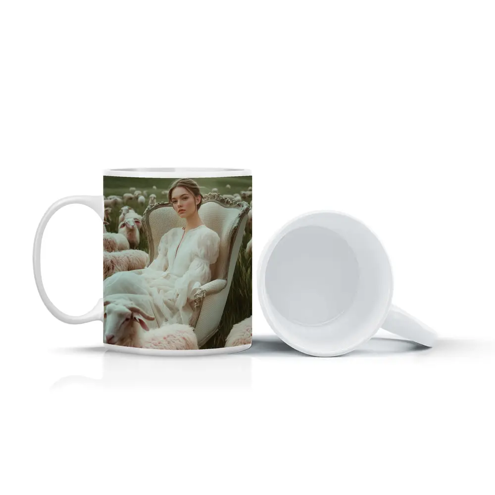 Woman in White Dress Among Sheep Field – Mugs