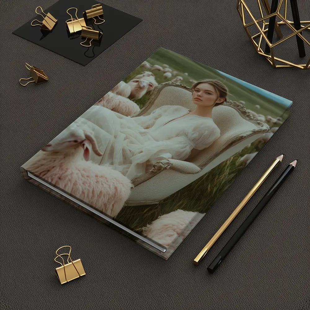 Woman in White Dress Among Sheep Field – Notebooks
