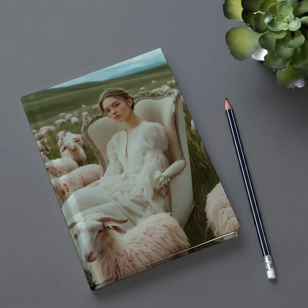 Woman in White Dress Among Sheep Field – Notebooks