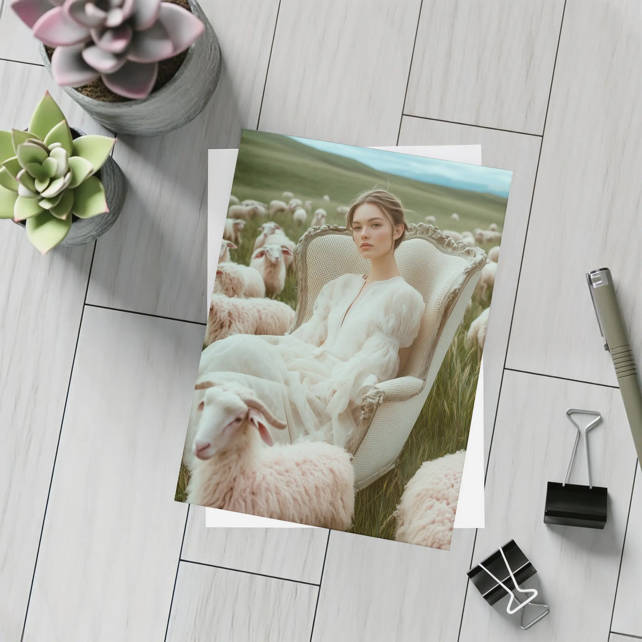 Woman in White Dress Among Sheep Field – Postcards