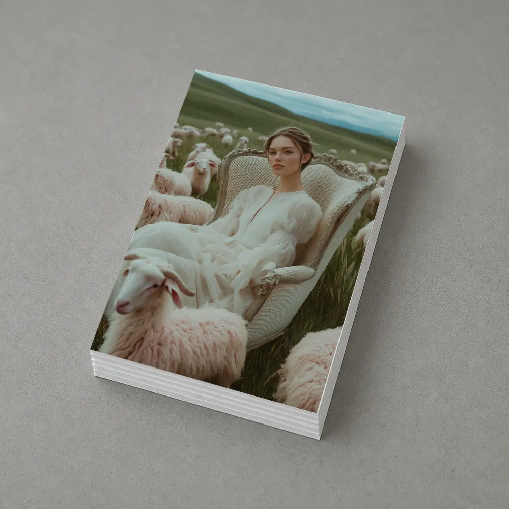 Woman in White Dress Among Sheep Field – Postcards