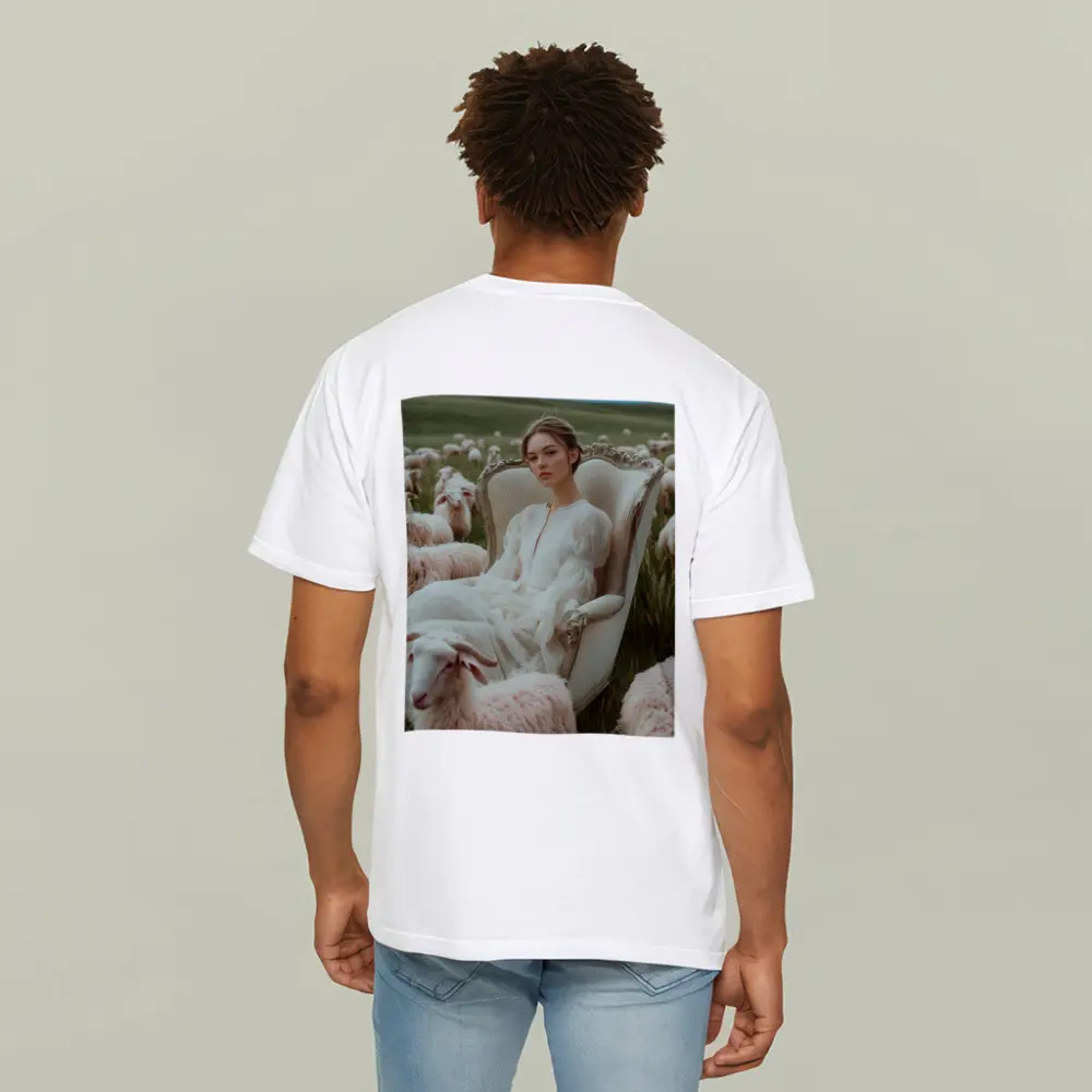 Woman in White Dress Among Sheep Field – T-Shirts