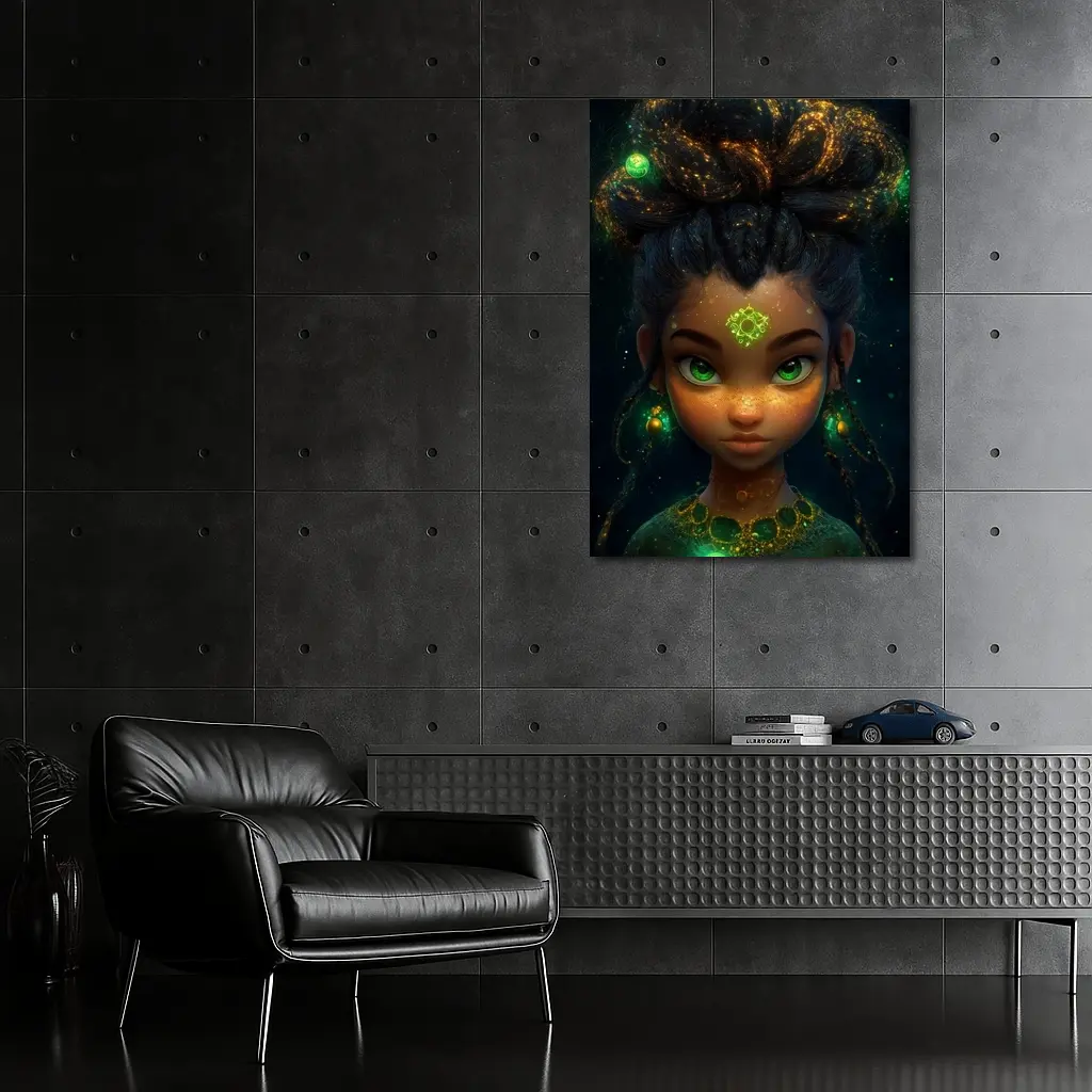 Fantasy Girl Glowing Green Eyes Dark Background – Wall Art