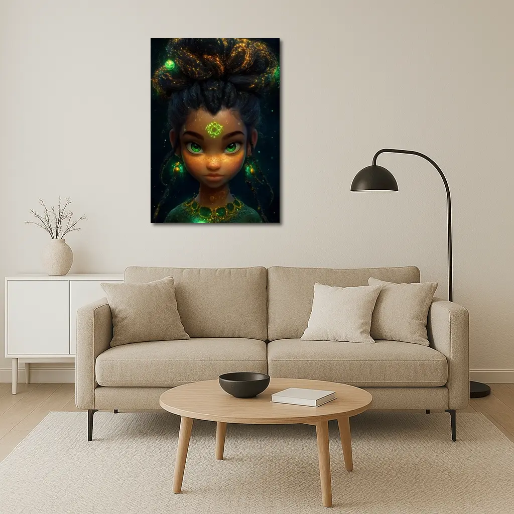 Fantasy Girl Glowing Green Eyes Dark Background – Wall Art