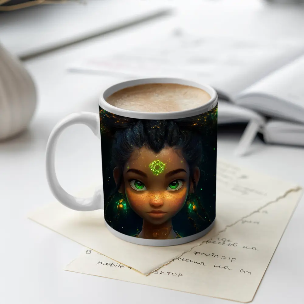 Fantasy Girl Glowing Green Eyes Dark Background – Mugs