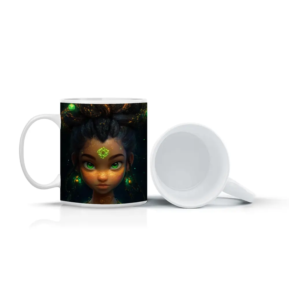 Fantasy Girl Glowing Green Eyes Dark Background – Mugs