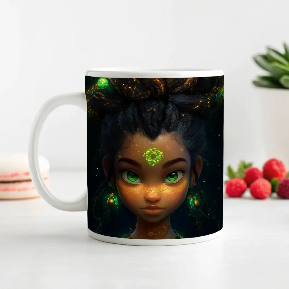 Fantasy Girl Glowing Green Eyes Dark Background – Mugs