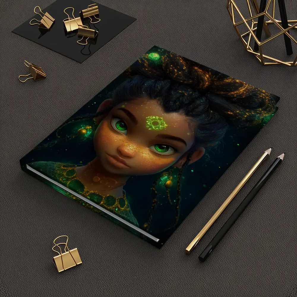 Fantasy Girl Glowing Green Eyes Dark Background – Notebooks