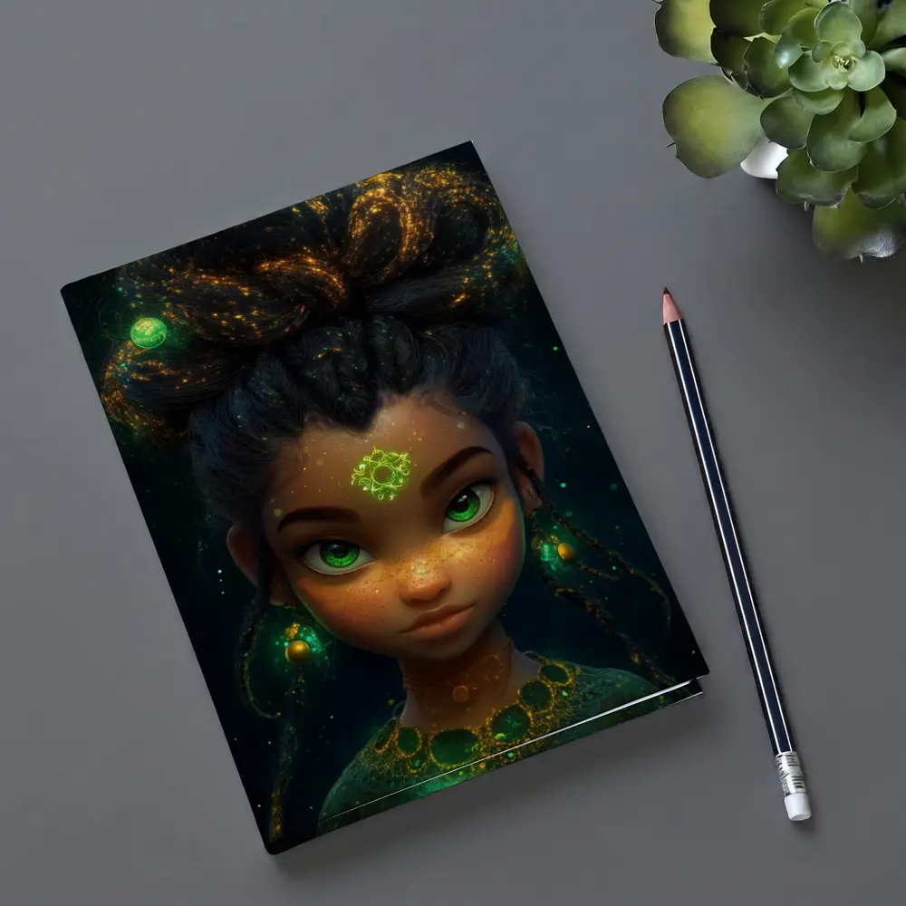 Fantasy Girl Glowing Green Eyes Dark Background – Notebooks