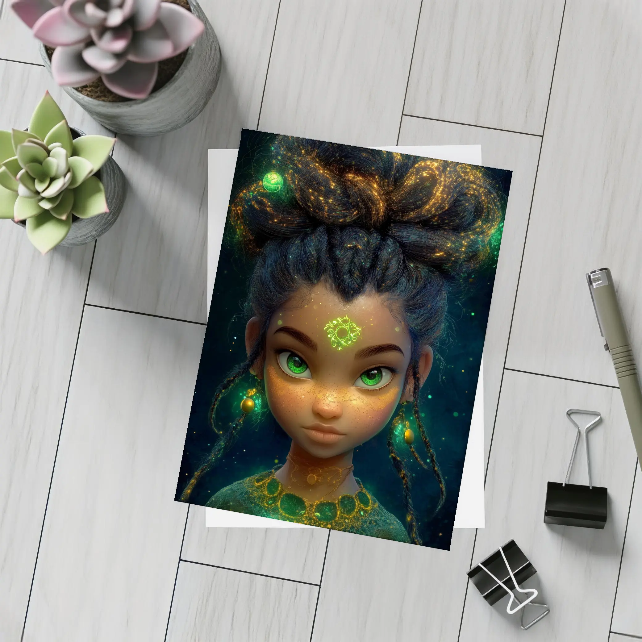 Fantasy Girl Glowing Green Eyes Dark Background – Postcards