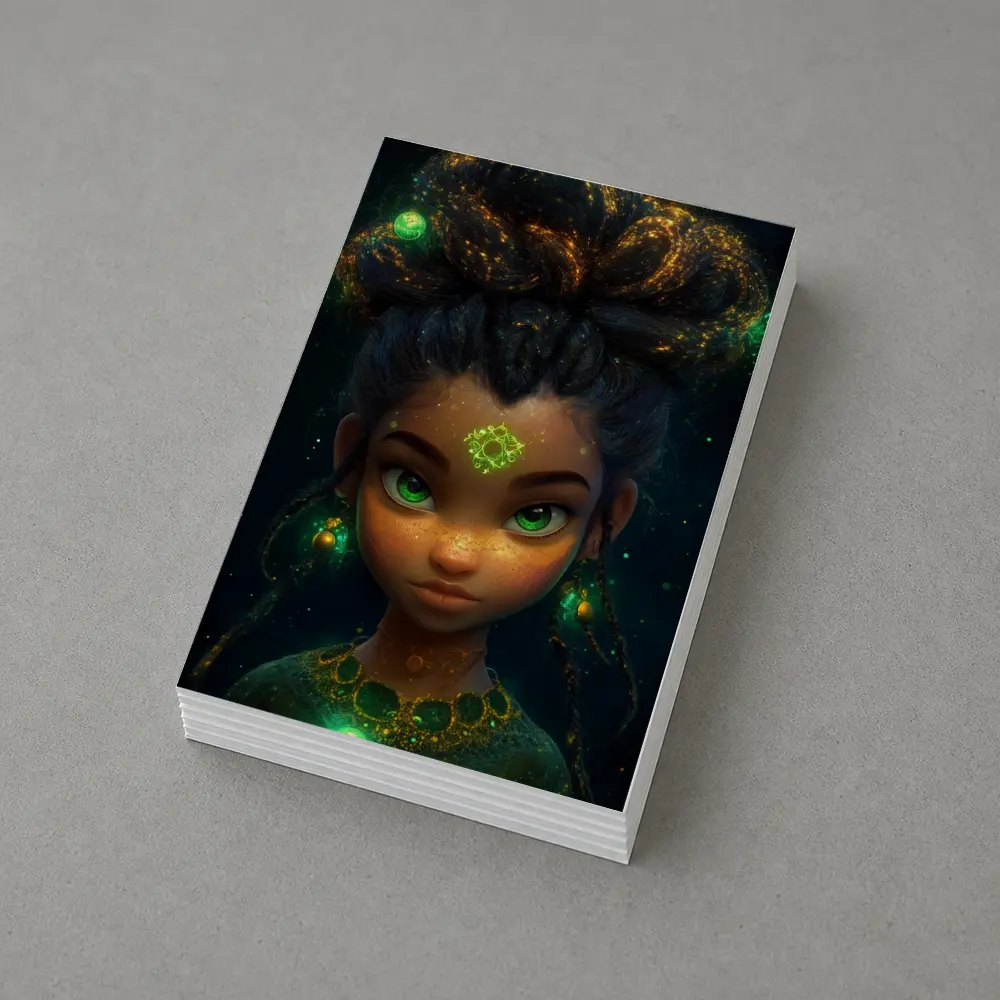 Fantasy Girl Glowing Green Eyes Dark Background – Postcards