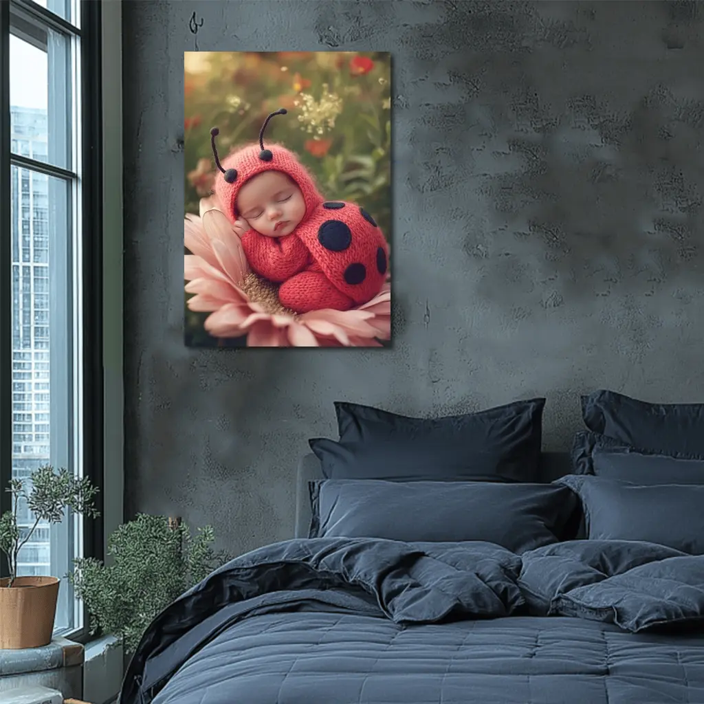 Sleeping Baby Ladybug Costume Flower Garden – Wall Art